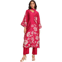 Varanga Women Fuchsia Pink Floral Printed Gota Detail Flared Sleeve Kurta With Solid Trouser  Stylish Ethnic Set