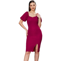 Miss Chase Women's Solid Bodycon V-Neck Half Sleeve Slim Fit Knee Long Dress (Mcss23D98-75-23-04, Dark Pink, M)