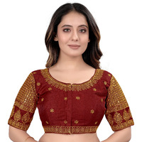 Vihu Fashion Milan Silk Golden Zari Embroidery With Sequins Work Elbow Length Saree Blouse (Delta Maroon 38)