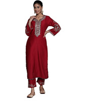 Varanga Women's Maroon Round Neck Yoke Embroidered Straight Kurta With Tonal Embroidered Bottom And Contrast Dupatta With Fringes  Elegant Ethnic Wear