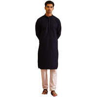 Sojanya (Since 1958 Men's Cotton Checked Thread Work Navy Kurta With Churidar Pyjama Size-36