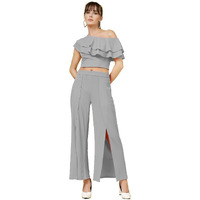 Oomph! Women's Stretchable Lycra Top And Trouser Pant Set |Two Piece Co-Ord Set | Wester Wear Regular Fit | Stylish Multipurpose Top - Bottom Pair - Grey