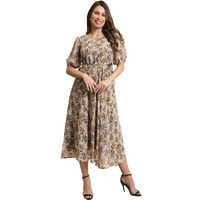 Preneum Women's Maxi Fit & Flare Print Georgette Regular Sleeves Casual |Summer |Latest Style |Festival & Occasion Maxi Gown(Maxi-N-27_S) Brown