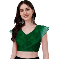 Pujia Mills Women's V Neck Orgenza Three Layer Ruffle Sleeve Frill Readymade Saree Blouse