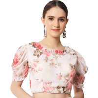 Pujia Mills Women's Floral Printed Georgett Puffy Sleeve Round Neck Line White Blouse (Moksha) (36, White)