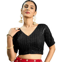 Pujia Mills Women's Indian Ethnic Wear Designer Silver Sequence With Matching Embroidered Work V Neck Half Sleeve Readymade Padded Saree Blouse Readymade Unique Black Color Saree Blouse
