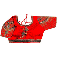 Pujia Mills Women's Milan Silk Copper Zari Codding Embroidery With Sequins Work Saree Blouse(Vardha Red)