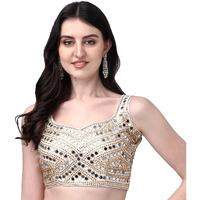 Pujia Mills Women's Phantom Silk Real Mirror Hand Work Readymade Saree Blouse (Sleeves Attached Inside)(Mirror Blouse Pm_Cream_38 Size+Margin)