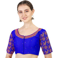 Pujia Mills Women's Multicolor Phantom Silk Peacock Embroidery Half Sleeves Saree Blouse (Mayura_Royal Blue_38 +Margin)