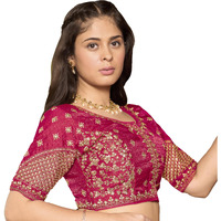 Pujia Mills Women's Readymade Blouse Multi Golden Codding Sequence Embroidery Work Indian Ethnic Designer Stitched Readymade Saree Half Sleeve Maroon Blouse For Women For Saree Lehenga Choli