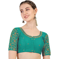 Pujia Mills Women's Multicolor Flower Embroidery Sleeves Design Phantom Silk Readymade Blouse For Saree And Lehenga Choli (Rama, 36)