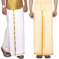 Prakasam Cotton Mens Gold Jari Border White Dhoti & Cream Dhoti Combo- Double Dhoti (1.30X3.60 Meter)