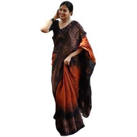 Flosive Women's Black & Orange Zari Woven Kanjivaram Saree With Blouse
