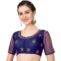 Pujia Mills Women's Multicolor Temple Embroidery Net Back Sequence Khatli Work Sleeves Design Phantom Silk Readymade Saree Blouse (Temple Blouse_Navy Blue_38 Size+Margin)