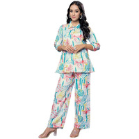 Greciilooks Rayon Floral Regular Fit Stylish Kurta Ethnic For Women | 3/4 Sleeve Co-Ord Set (Gl-W1938&Tr960_Blue_S)