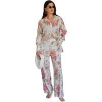 Gufrina Women's Co-Ords Set - Floral Print Shirt With Front Open Button And Wide-Leg Pants, Full Sleeves, Rayon Fabric (Pink L)