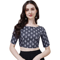 Oomph! Women's Indian Ethnic Wear Designer Paislay Pattern Boat Neck Half Sleeve Cotton Indigo Blue Blouse For Saree Or Lehnga And Blousepalazzos Or Skirts For A Fusion Twist.