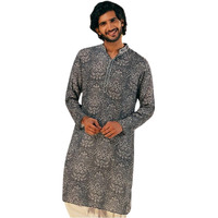 Kisah Men's Kurta, Black Cotton, Floral Regular Fit Long Sleeves Mandarin Collar (L)