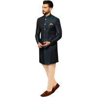 Kisah Men's Indo-Western Sherwani Trouser Set, Navy Blue Cotton, Jacquard Regular Fit Mandarin Collar Long Sleeves (S)