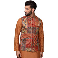 Kisah Men's Ethnic Wear Regular Fit Printed Cotton Blend Multi-Orange Nehru Jacket (M)