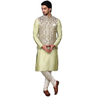 Kisah Men's Ethnic Wear Regular Fit Silk Blend Embroidered Olive-White Kurta Churidar And Jacket Set|L
