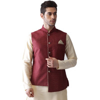 Kisah Men's Printed Sleeveless Brocade Nehru Modi Jacket Maroon Waistcoat Festive Ethenic Wear
