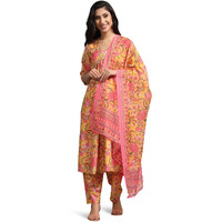 Leriya Fashion Women Cotton Blend Fancy Kurta Set Regular Fit Printed (Lf-K2740&P162&D107_Yellow_L)