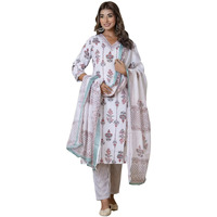 Tee Projekt Women's Cotton Blend V Neck Printed Straight Kurta Pant With Dupatta Set Off White