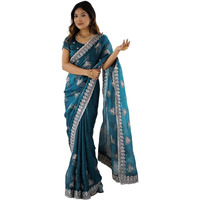 Satrani Women's Simmer Chiffon Embroidery Scalloped Border Saree With Unstitched Blouse Piece (4488S232N_Peacock Blue)