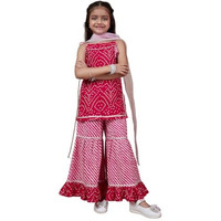 Pspeaches Girl's Cotton 1 Kurti, 1 Sharara, 1 Dupatta (Sha-Magentadot-6-7Y_Magenta