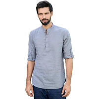See Designs Men's Roll-Up Sleeve Mandarin Collar Men Gray Pure Cotton Slub Short Kurta - Sdkt2970S