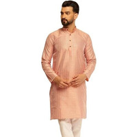 Sojanya (Since 1958 Men's Silk Blend Peach Long Kurta With Contrast White Thread Detailing