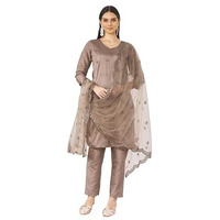 Womanista Women's Brown Color Silk Blend Mirror Work Embroidered Kurta Set(Kurtaset_1335_Xl)
