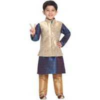 Jbn Creation Boys' Gold And Persian Blue Silk Blend Kurta, Ethnic Jacket And Pyjama Set (Vasbj024Rgnbk023Bunprg, For 13-14 Years)