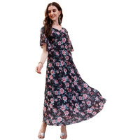 Smowkly Women's Georgette Floral Printed Indo-Western Ethnic Gown || Half Sleeve V Neck Fit & Flare Flared Hem Design || A-Line Maxi Dress Casual Wear (Black & Red, Medium)