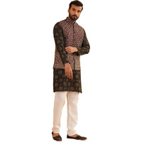 Sojanya (Since 1958 Men's Silk Blend Print Black Kurta And Off-White Pyjama With Wine Nehrujacket