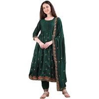 Pratham Blue Women's Rayon Embroidered Anarkali Kurta And Pant With Dupatta Set (Kurta Set For Women_Bkpa-1066-S_Dark Green)