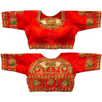 Pujia Mills Women's Phantom Silk Elephant Half Sleeve Saree Blouse (Dumbo_Red_36 Size+Margin)