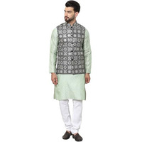Sojanya (Since 1958 Men's Silk Blend Pista Kurta And Cream Pyjama With Embroidered Black Nehru Jacket