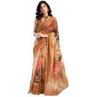 Satrani Women's Chanderi Sequin Embroidery Work & Floral Printed Ready To Wear One Minute Pre Pleated Saree With Unstitched Blouse Piece (63Rs111N_Brown)