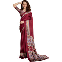 Stylum Women's Ajrakh Printed Silk Blend Saree With Unstitched Blouser Piece (Srmaroonsuhani_Maroon)