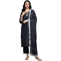 Varanga Women Grey Silk Thread And Zari Embroidered, Sequins Embellished Kurta Paired With Bottom And Dupatta