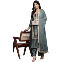Varanga Women Mint Green Round Neck With Heavy Zari Embroidered Kurta With Bottom And Dupatta
