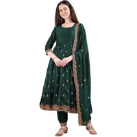 Pratham Blue Women's Rayon Embroidered Anarkali Kurta And Pant With Dupatta Set (Kurta Set For Women_Bkpa-1066-L_Dark Green)