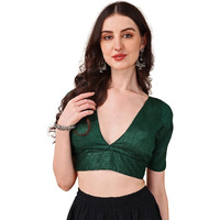 Womanista Silk Women's Dupion Solid Short Sleeve Regular Fit V Neck Blouse (Bl_67_Green Medium)