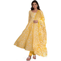 Tee Projekt Women's Cotton Blend Floral Printed Anarkali Kurta Pant With Dupatta Set Ll Round Neck Yellow