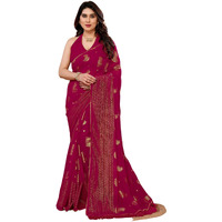 Satrani Women's Georgette Foil Printed Lace Work Saree With Unstitched Blouse Piece (4256S672N_Rani Pink)