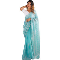 Satrani Women's Shimmer Chiffon Sequins Embroidery Scalloped Border Jimmy Choo Saree With Unstitched Blouse Piece (4317S163N_Aqua Blue)