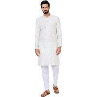 See Designs Men's Full Sleeve Mandarin Collar Cream Sequins Embroidered Straight Kurta - Sdkt2908M