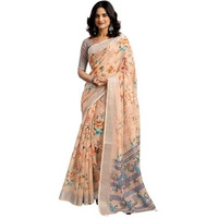 Satrani Women's Linen Zari Border Printed Saree With Unstitched Blouse Piece (4341S202N_Dark Cream)